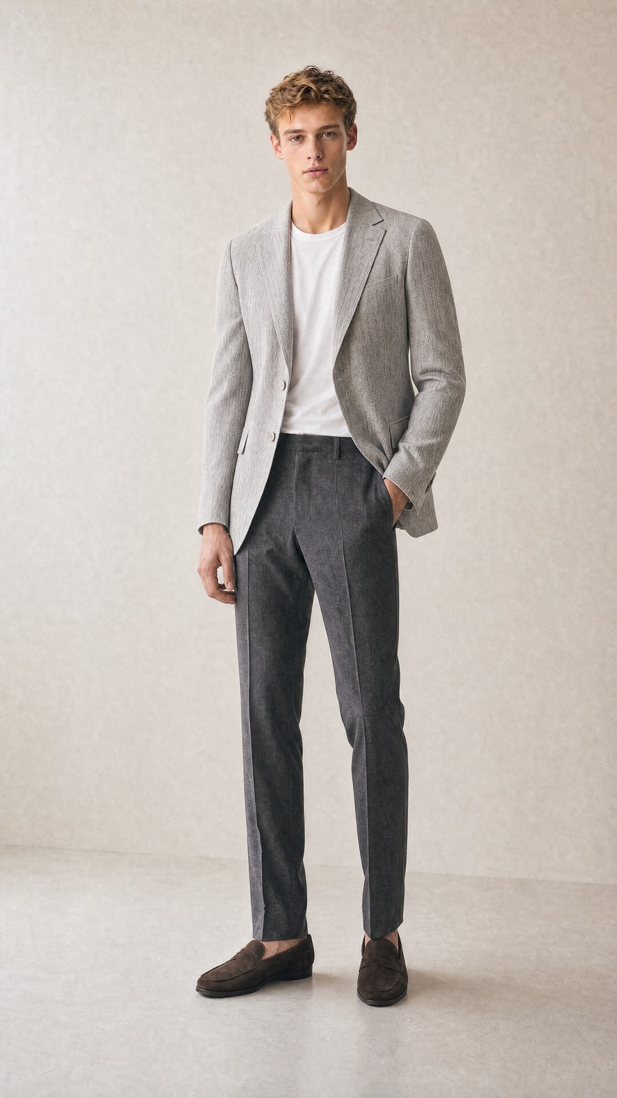 The Herringbone Blazer — Light-grey herringbone, wool-linen hand · soft shoulder, made to measure by Linea di Biella