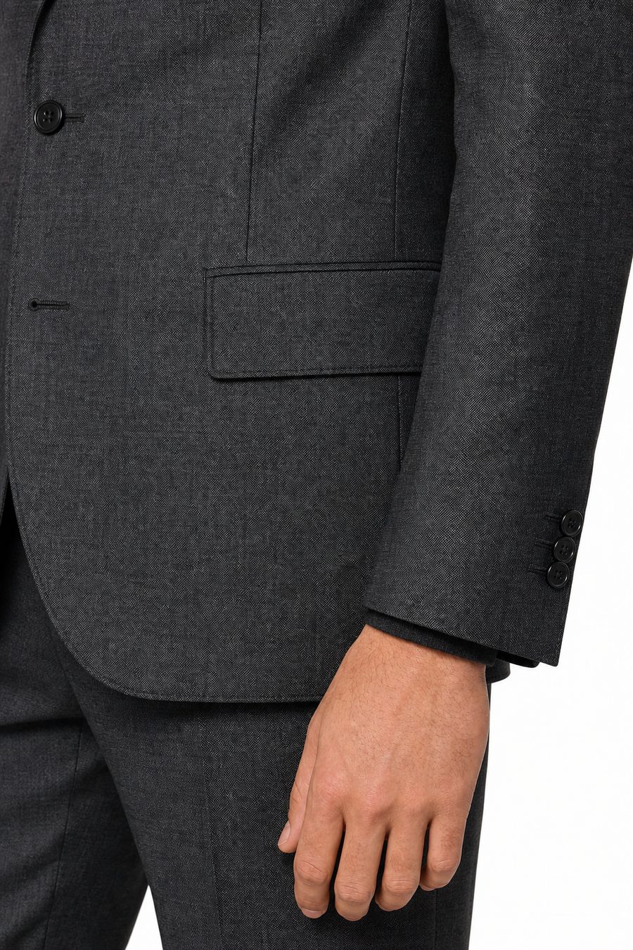 Hand-finished lapel edge in charcoal Biella flannel — Linea di Biella full-canvas construction
