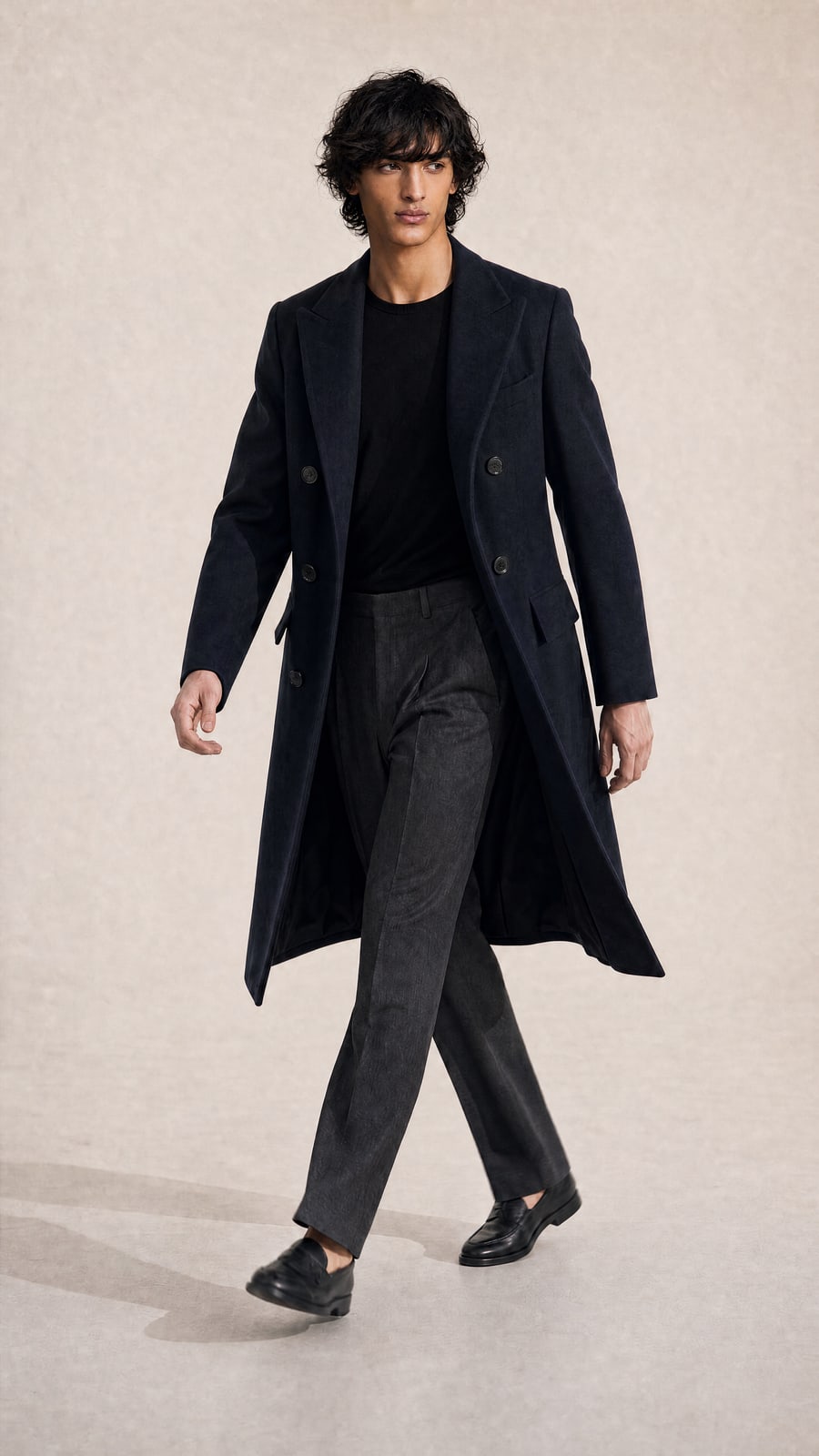 The Navy Overcoat — Brushed wool coating · cut long, worn open, made to measure by Linea di Biella