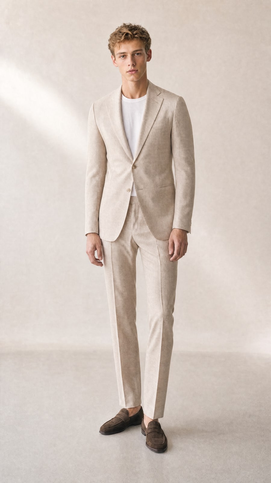The Sand Suit — Sand hopsack, linen-wool hand · warm-weather weight, made to measure by Linea di Biella